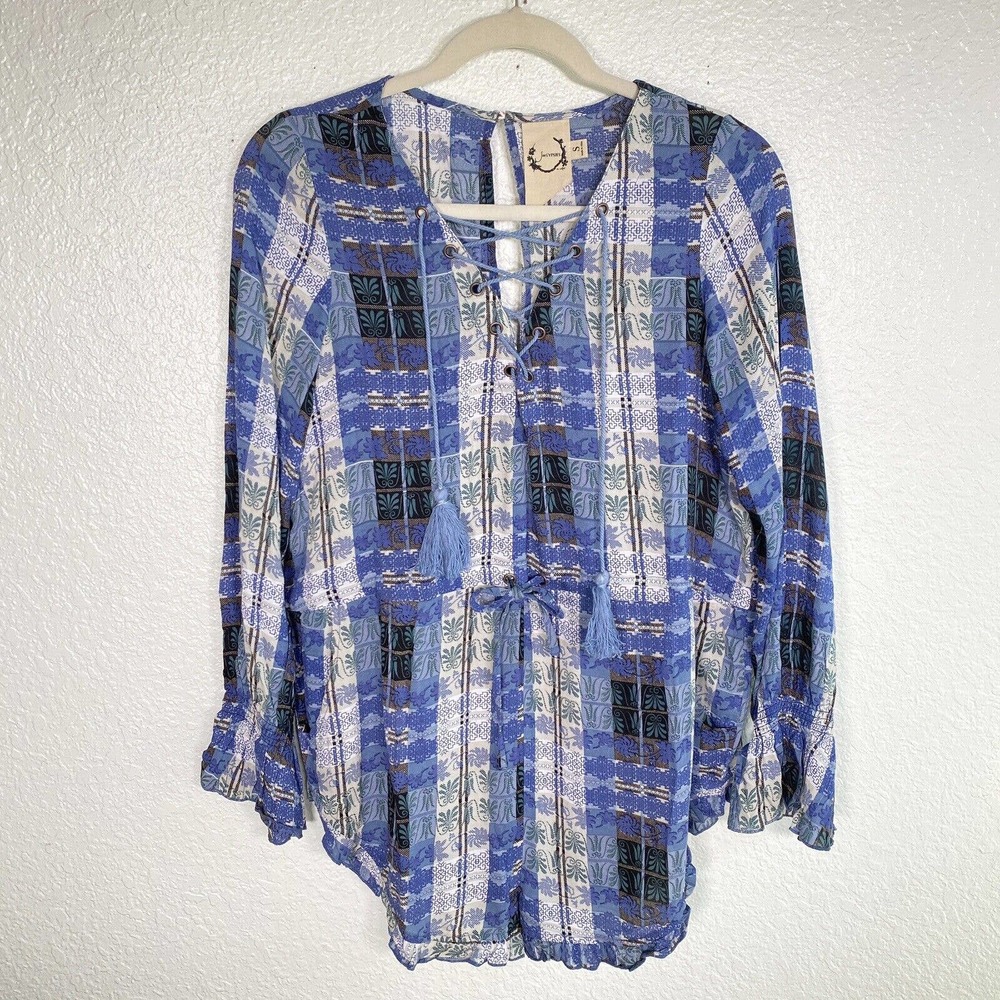 Sea Gypsies Romper Womens Small Plaid Boho Festival Lace Up Tassel Viscose
